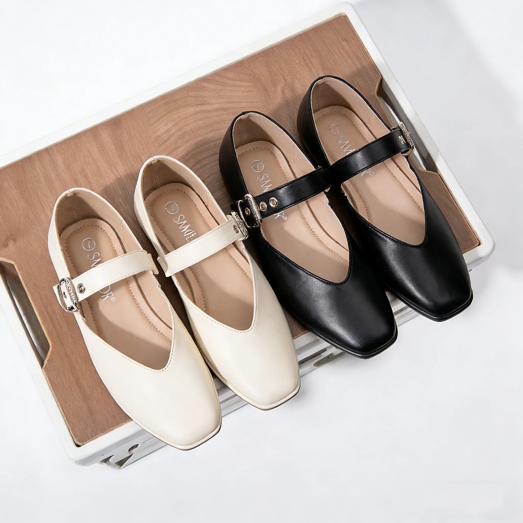 Mary Jane Shoes Female Genuine Leather  V-Cut Snap Ballet Shoes Women Square Toe Flat Cowhide Ladies Shoes