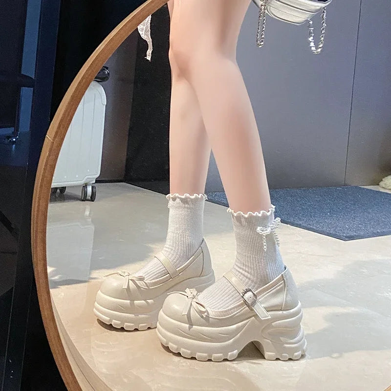 Wedding oes Thi Heel Mary Janes Chunky Platform Pearl Decorated Bride High Heels Comfortable ort Women Casual Faion