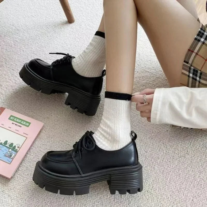 Mary Janes 2025 Spring Autumn Thick Heel British Style Women's Loafers Black Leather Shoes Versatile Casual Footwear for Ladies
