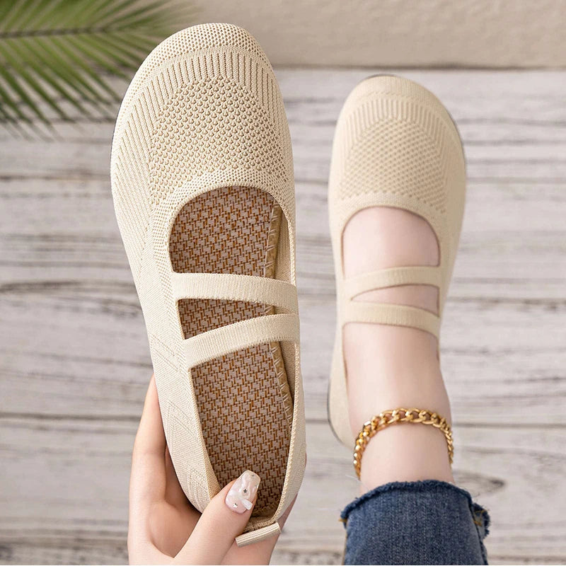 Women's Breathable Knit Sneakers Casual Ballet Flats Mary Janes Lightweight MeshFemale Dress Flats Shoes Footwear Summer